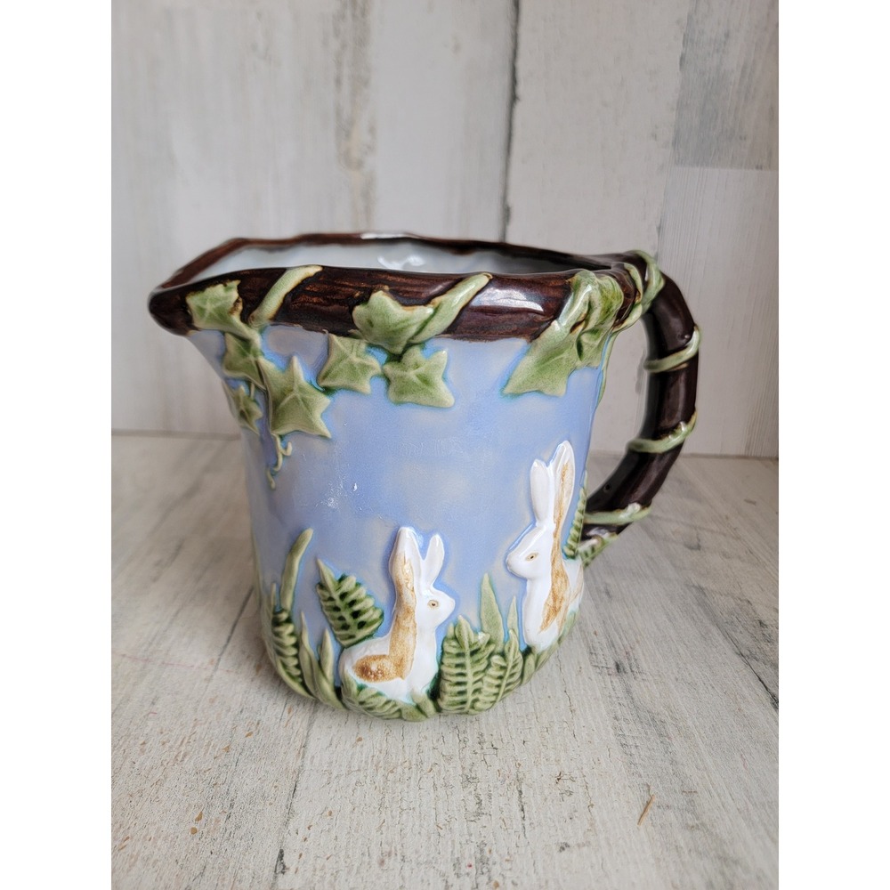 Vintage wide mouth bunny pitcher blue kitchen‎ Easter home decor rabbit